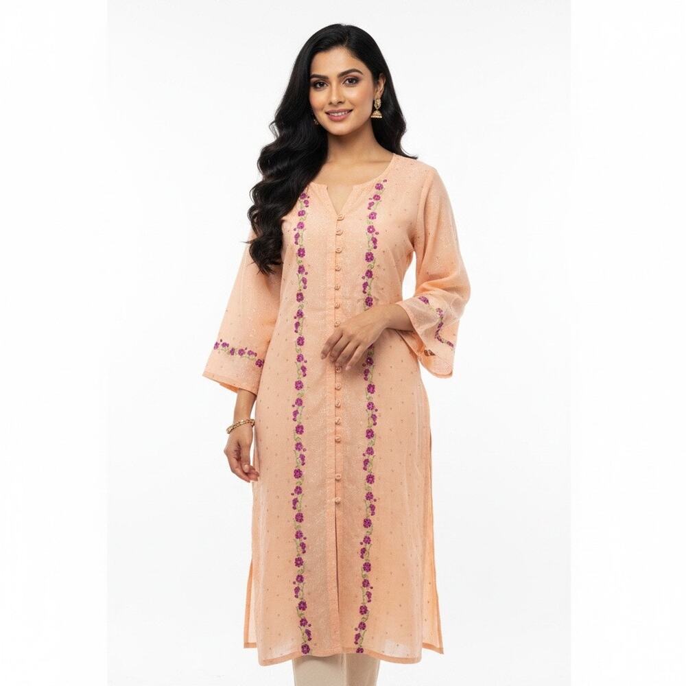 Anthro Fei Peach Orange Embroidered Tunic Midi Dress Cotton Boho Small Summer